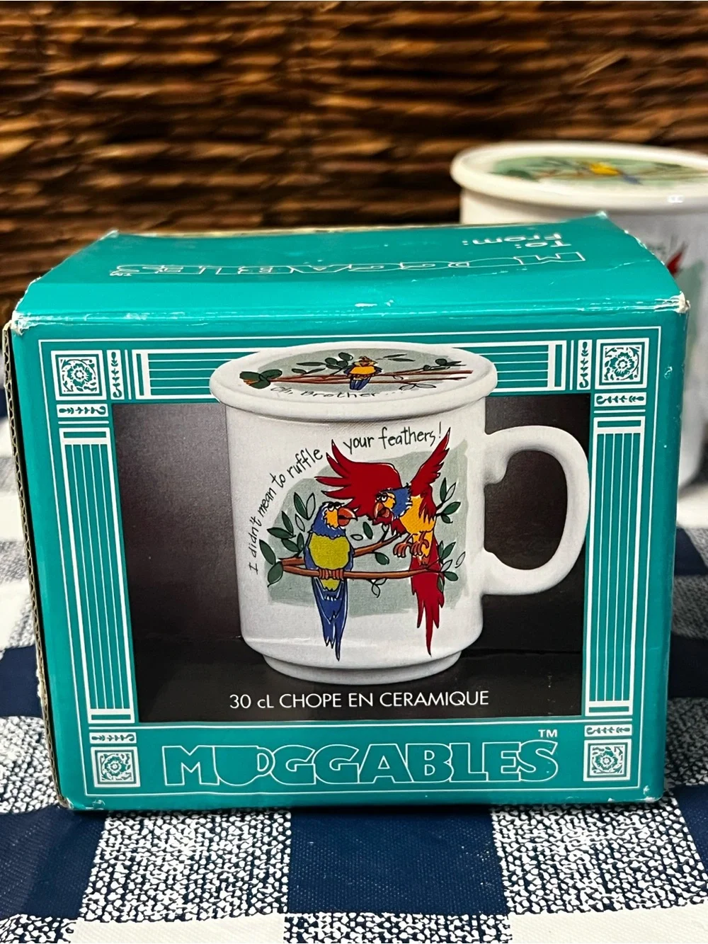 Vintage Muggables Parrot Coffee Mug with Lid & Original Box Ruffle Your Feathers